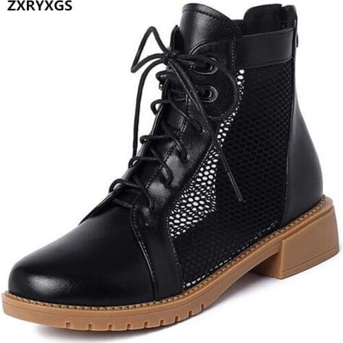 Hot 2020 Summer Autumn Cowhide Mesh Cool Boots Fashion Sandals Womens Shoes Ankle Boots Thick Heel Martin Boots Large Size 43