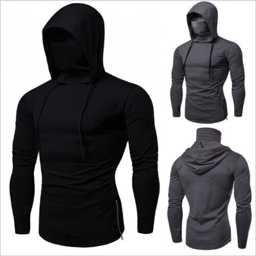 Men Autumn Casual Gym Thin Long Sleeve Hoodie Face Cover Solid Color Sweatshirt Men Clothing sudaderas hombre толстовки 2021