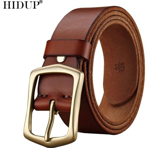 HIDUP Top Quality 100% Pure Cowhide Belt Brass Pin Buckle Metal Genuine Leather Belts Men Casual Styles Jean Accessories NWJ1006