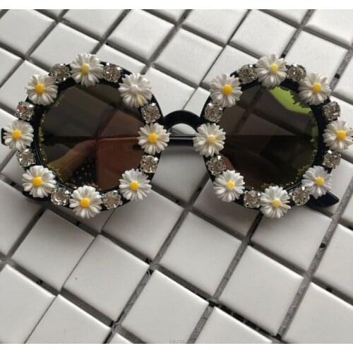 Handmade Sunglasses Diamond Flower DIY Sun Glasses Small Round Eyewear Mirror Lens UV400 Women Men Eyeglasses Gafas de sol