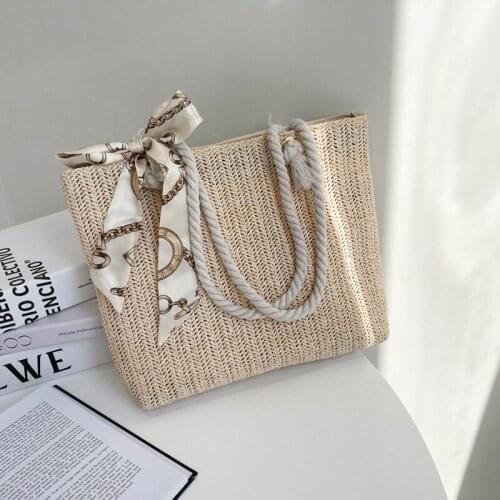 Straw Woven Bag New Large-capacity Fashion Simple Silk Scarf Womens Shoulder Bag Solid Color Zipper Handbags for Women 2021