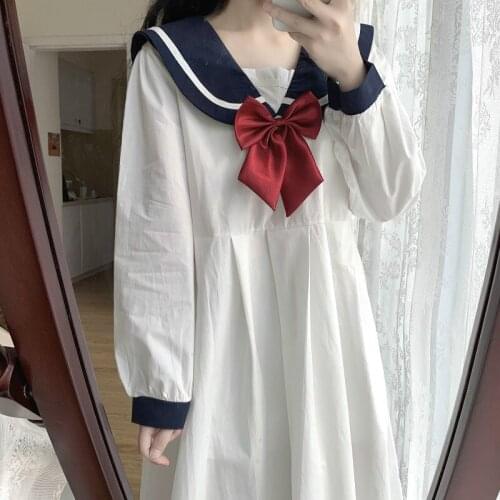 Japanese Sweet Lolita Op Dress Women Cute Preppy Style Bow Sailor Collar Long Sleeve Party Dresses Girl Kawaii Jk Uniform Dress