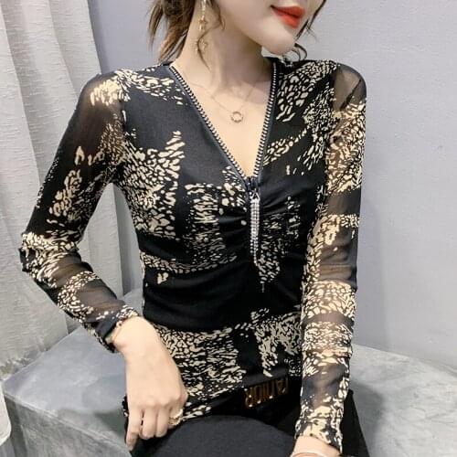 2021 Autumn New Fashion V-neck Zipper Long-sleeved Pleated Printed Mesh T-shirt Elegant Slim Plus Size Women Clothing