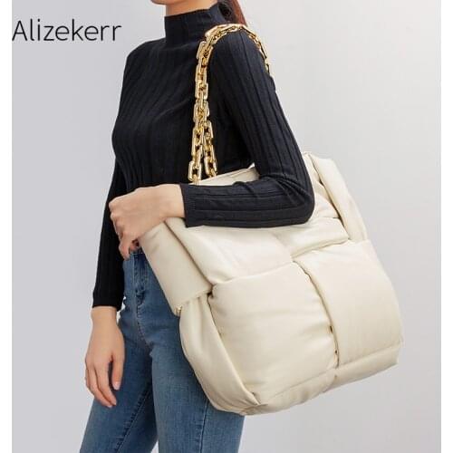2020 Winter Large Capacity Tote Bags Women New Korean Famous Brand Thick Chain Woven Soft PU Shoulder Bag High Quality Fashion