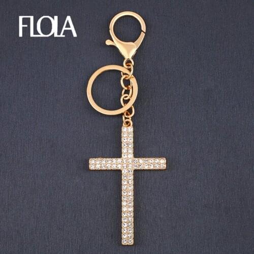 FLOLA Gold Big Cross Keychains Charms For Women Men Crystal Key Rings Accessories For Car Bag Jewelry porte clef croix kcha06