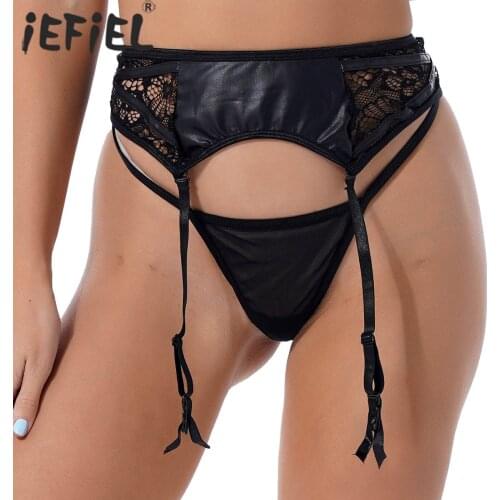 Women Floral Lace See-through Mesh Garters G-string Adjustable Waistband Patchwork Suspenders with Low Rise Lingerie Thongs