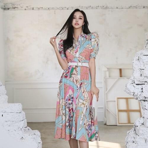 Women Summer Vintage Elegant Belt Waist Print Ankle Length Short Sleeve Office Lady Wear Shirt Dress 2021 Fashion