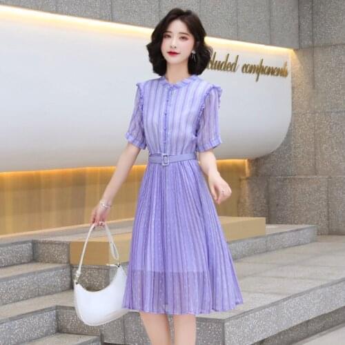 Women Midi Striped Pleated Purple Shirt Dress Summer 2021 Runway Elegant Korean Fairy Casual Sea Beach Vacation Party Vestidos