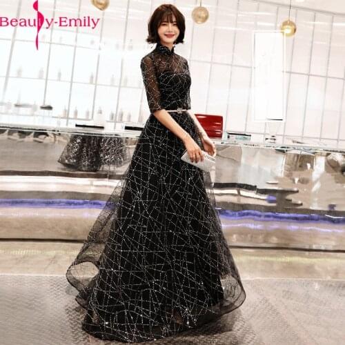 Beauty Emily Elegant Sequined High Neck A Line Evening Dresses Sexy Illusion Black Stain Heavy Beaded Formal Dress with Sashes