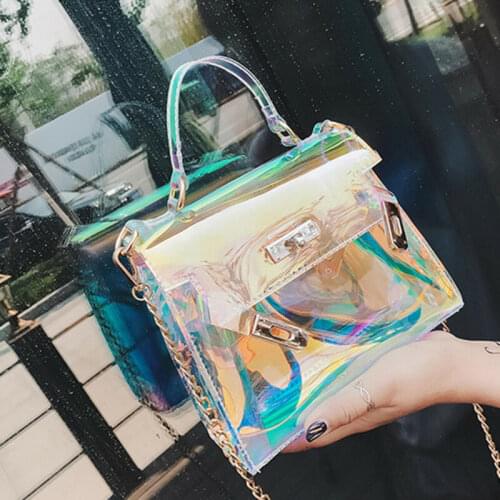 2021 Hot Womens Clear Tote PVC Vinyl Plastic Large Transparent Jelly Chain Shoulder Bags