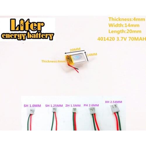 3.7V 70mah 401420 Lithium Polymer Rechargeable Battery For 3.7V 401420 PLUG Mp3 Mp4 Mp5 DIY PAD DVD E-book bluetooth headset