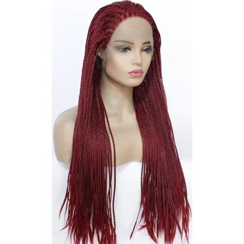 Afro America Female Burgundy Wine Red Box Braided Wigs Cosplay Festival Braids Long Hair Synthetic Lace Front Wigs for Women 99J