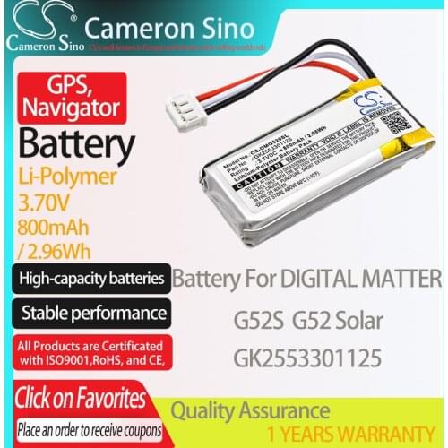 CameronSino Battery for DIGITAL MATTER G52S G52 Solar fits DIGITAL MATTER GK2553301125 GPS, Navigator battery 800mAh 3.70V Black