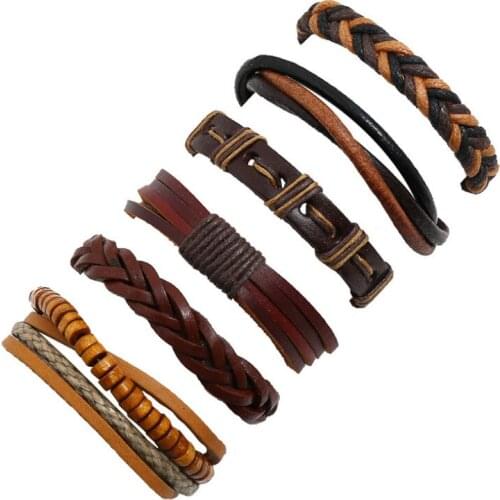 Ethnic Retro Vintage Bracelet Set Weave Leather Bead Charm Adjustable Wrap Bangle Biker Wristbands Casual Fashion Unisex Jewelry
