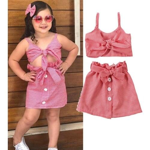 Summer Toddler Kids Baby Girl Crop Tops Sling Strap Camis Button Mini Skirt Dress Red Plaid Outfit Clothes