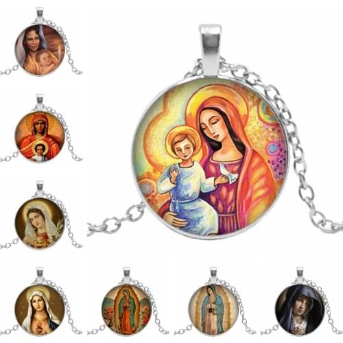 Hot! New Believers Christian Virgin Mary Convex Round Pendant Photo Glass Dome Jewelry Necklace Wholesale