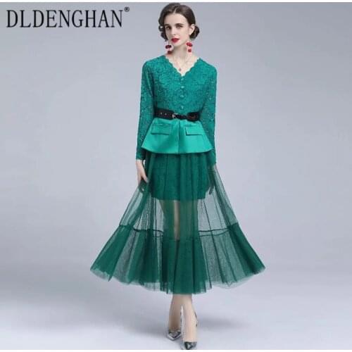 DLDENGHAN Fashion Runway Designer Autumn Mesh Dress Women V-Neck Long Sleeve Lace Patchwork Sashes Elegant Party Long Dresses