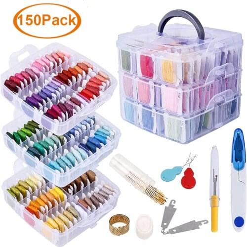 Embroidery Floss Set 150 Colors HighTenacity Cross Stitch Sewing Thread with Floss Bins & Scissors Thimble Cross Stitch Tool Box