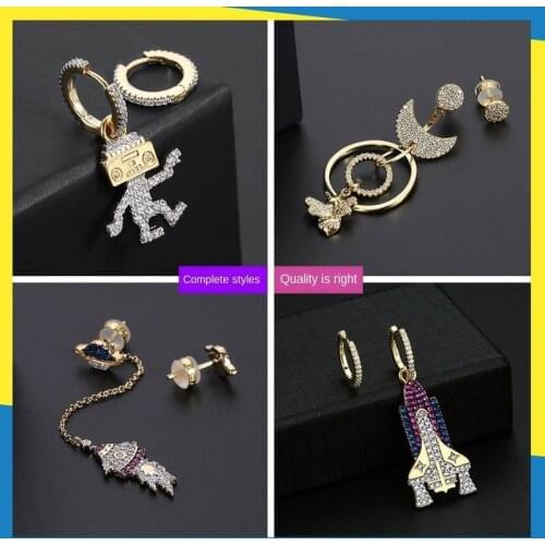 2020 new asymmetric robot rocket earrings flying pig diamonds female ins personality fashion temperament women brand jewelry
