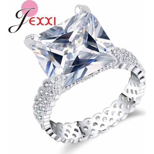 New Unique Round Hollow Band Square Crystal Ring for Girls Christmas Gift Pure 925 Sterling Silver Wedding Bridal Jewelry