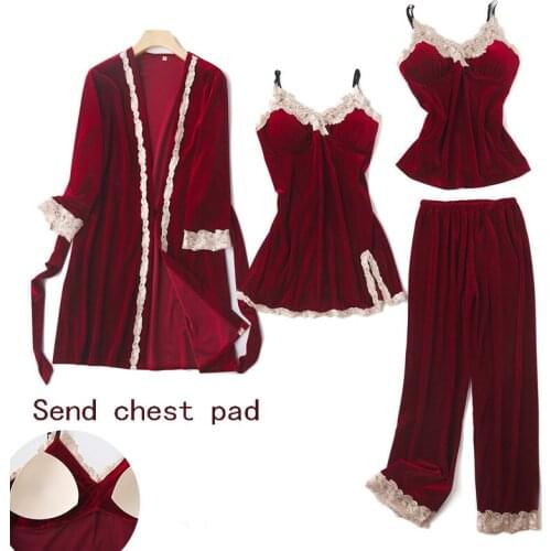 Gold Velvet Pajamas For Women 4 Pieces Suit Woman Sexy Lace Robe Pajamas Sets Sleepwear Sleeveless Nightwear Winter Home Clothes