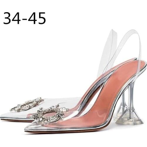 PVC Transparent Crystal Shoes 2020 Summer New Pointed Toe Strange Heel Slingbacks Formal Ladies Bling Bling Party Shoes