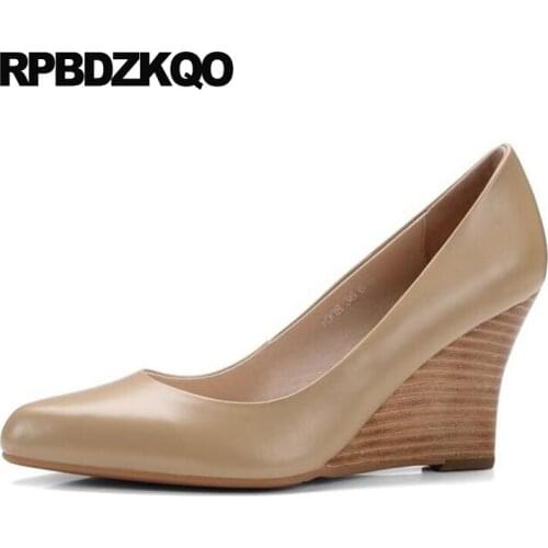 Size 4 34 Ladies Formal Shoes High Heels Small Autumn Nude Pumps Wedge Office Pointed Toe 2017 Genuine Leather Court Real