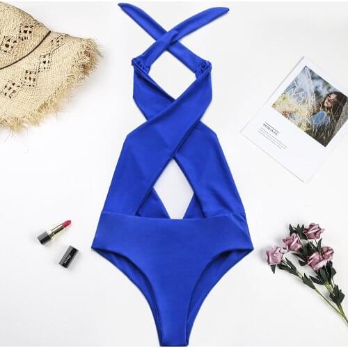 2020 new sexy, solid color cross-hanging neck, hollowed-out bandage, one-piece swimsuit, sexy swimsuit for girls one piece