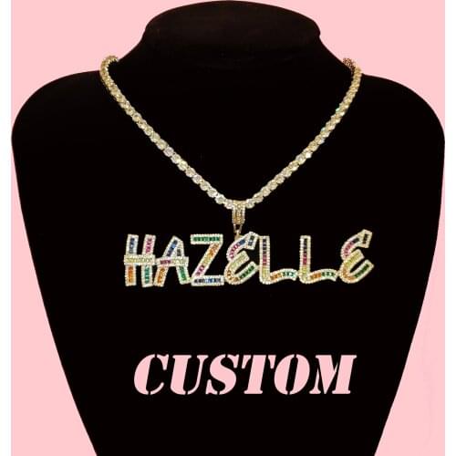 Bling Icy Square Cut Baguette Multi-Colors Zirconia Letters Custom Name Pendant Iced Out Colorful Initial Name Necklace