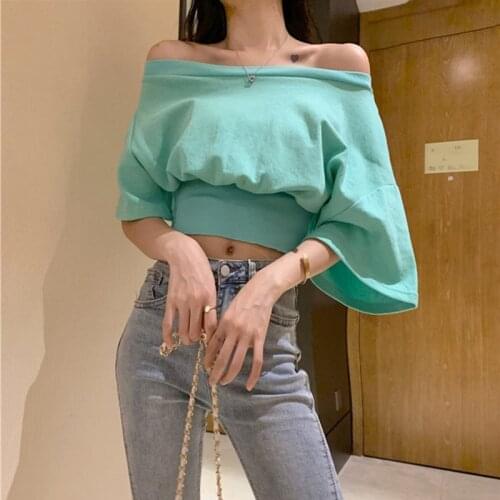 Fashion Irregular Bat Sleeve Slash Neck Cropped T-shirt Summer New Loose Solid Color Off Shoulder Top Women Sexy Tops