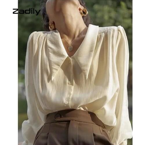 Zadily Chic French Vintage Loose Chiffon Shirt Women Button Up Turn Down Collar Solid Puff Long Sleeve Blouse Female Clothing