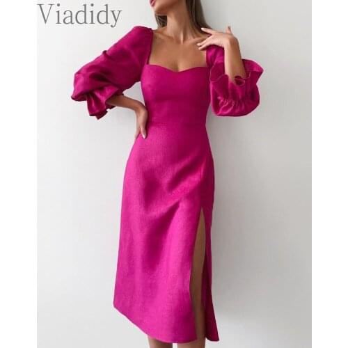 Women Elegant Solid Color Square Neck Puff Sleeve Side Slit Maxi Dress