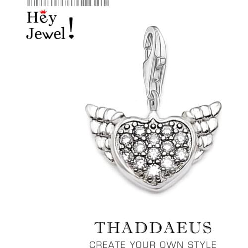 Classic Winged Heart Charm for Women Men 925 Sterling Silver CZ Pave Fashion Feather Pendant Jewelry Gift Fit Necklace