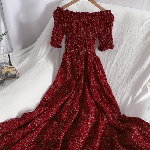 2021 Summer Women Puff Sleeve Slash Neck Floral Flower Ruffles Chic Dress Lady Elastic Slim Waist Pleated Layer Party Midi Dress