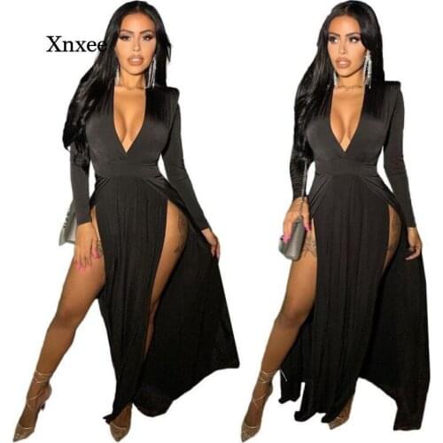 Womens Sexy Deep V-Neck Black Long A-Line Dress Womens Full Sleeve Split Under Bottom Robe Fashion New Evening Party Dress