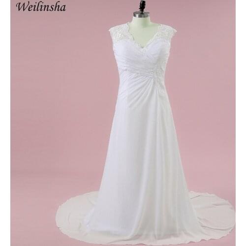 Weilinsha Plus Size Chiffon A-Line Wedding Dresses Sexy V-neck Appliques Sweep Train Open Back Bridal Gowns Vestido de Noiva