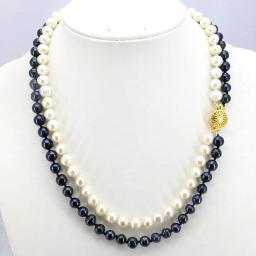 2 row Black&white pearl necklace 7-8mm 17-18 inches 2 piece/lot DIY Beaded Women hot suitable gathering to wear necklace gift