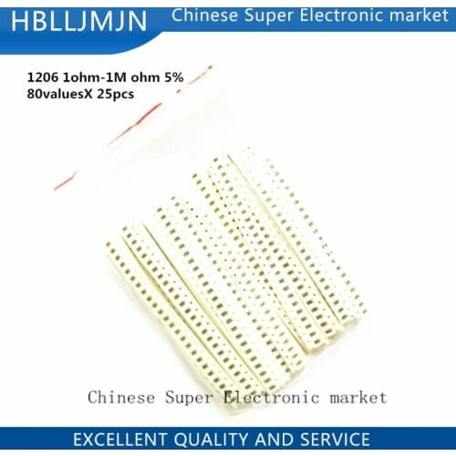 2000pcs 1206 SMD Resistor Kit Assorted Kit 1ohm-1M ohm 5% 80valuesX 25pcs=2000pcs Sample Kit