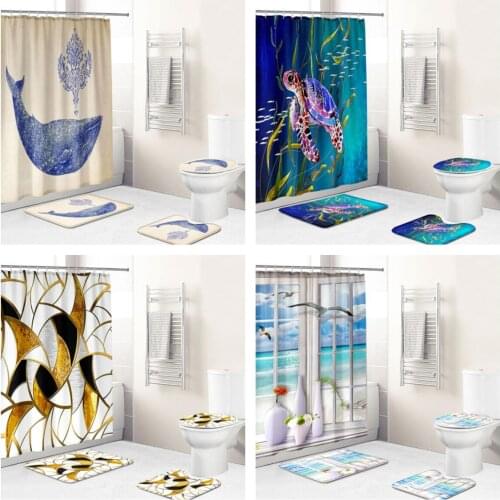 3D Marine Animal Landscape Waterproof Fabric Bathroom Accessories Shower Curtain 4-piece Set of Non Slip Carpet Bath Mat