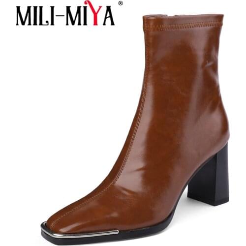 MILI-MIYA Brand Women High Quality Classic 7.5cm Chunky Heels Ankle Boots Fashion Square Toe Office Dress Handmade Footwear Brow