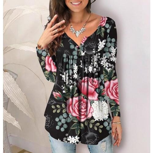 Womens Floral Print T-shirt Women V-Neck Casual Loose Long Sleeve Tops Tee Shirt Female Streetwear T-shirt Camisetas Mujer