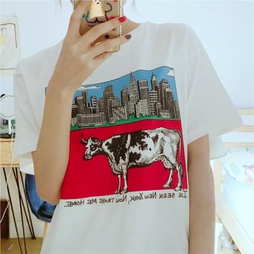 Funny New York Cow Printed Tshirts For Women White Cotton Kpop Harajuku Shirts Plus Size Loose Round Neck Aesthetic Summer Tops