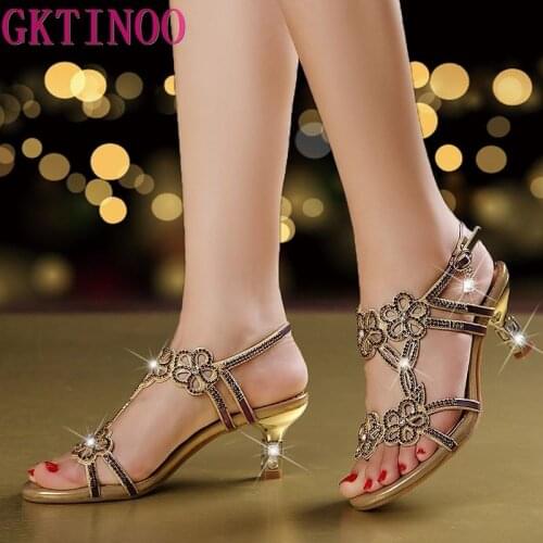 GKTINOO 2021 Summer Gold Sandal New Ladies Rhinestone Sandals High Heeled Thin Crystal Heels Diamond Split Leather Women Shoes