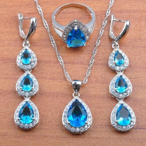 Water Drop Sky Blue Cubic Zirconia Jewelry Sets For Women Wedding Earrings Pendant Necklace Ring Bracelet JS0182