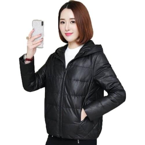 PU Leather Jacket Winter jackets 2020 New Womens Cotton Coat Parka Plus Size Loose Casual Hooded Black Leather Coat Parkas