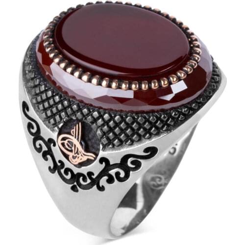 Dark Burgundy Agate Stone 925 Sterling Silver Mens Ring with Tughra on sides Silver Ring for Men with Stone Ottoman ring