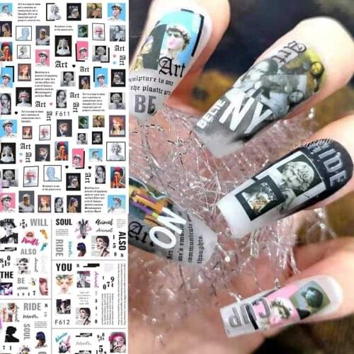 1pc Newspaper Nail Sticker Abstract Women Image Vintage 3D Adhesive Decals Flower Nail Slider Tips
