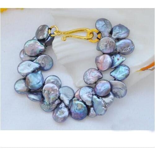 New Arrival Real Pearl Bracelet 2 Rows 15mm Coin Black Freshwater Cultured Pearl Bracelet Handmade Woman Jewelry Chirstmas Gift