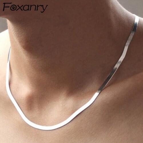 FOXANRY 925 Sterling Silver Clavicle Chain Necklace for Women New Trendy Elegant Simple Snake Bone Texture Party Jewelry Choker