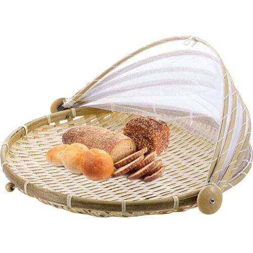 Woven Basket, wicker Basket Storage With Gauze Cover Picnic Folding Basket Collection Outdoor Camping Baskets Fruit Bread Basket